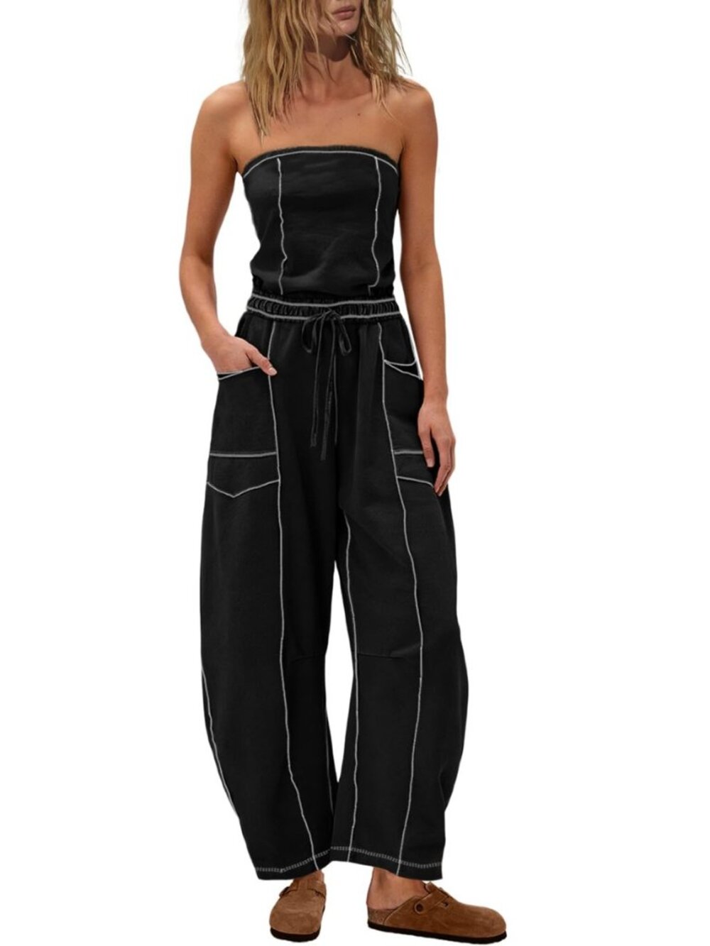 Strapless Jumpsuits for Women Casual Tube Top Romper Barrel Wide Leg One Piece
